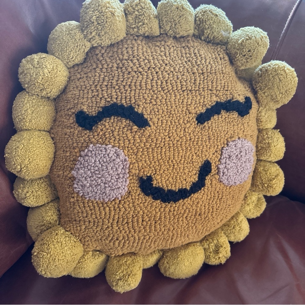 HAVE A NICE DAY decorative pillow 12 in round yellow happy face NWOT pom poms